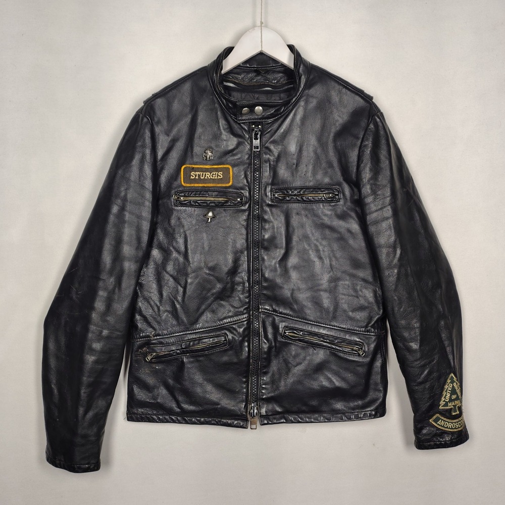 Vintage Drospo Black Leather Biker Jacket Sturgis Harley-Davidson Patches L